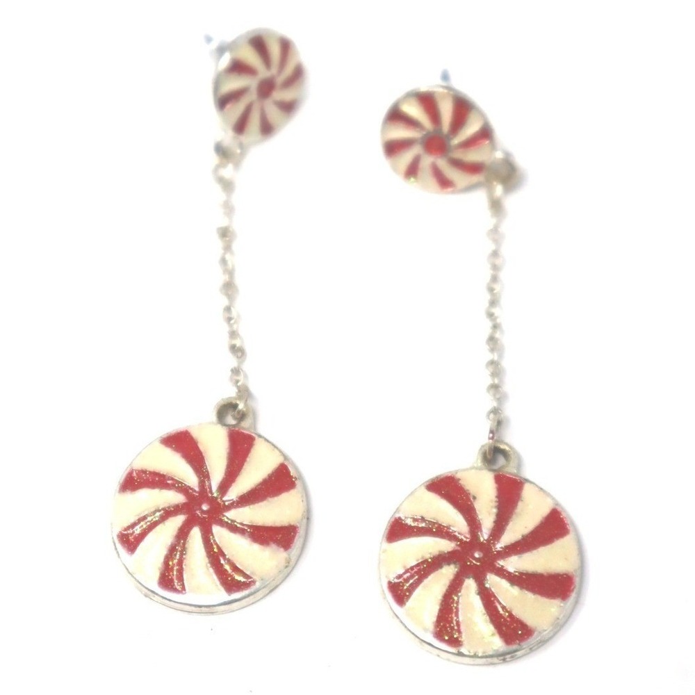 Red Ivory Peppermint Drop Earrings Holiday Glitter Enamel Dangle Christmas